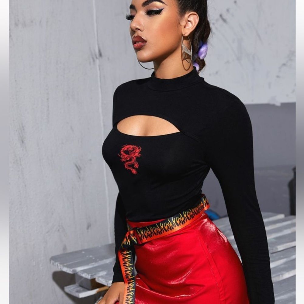 SHEIN Black Cutout Long Sleeve Top with Red Dragon Detail